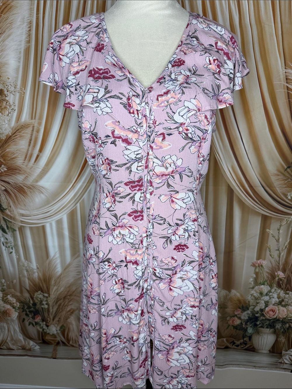 American Rag Pink Floral Button-Down Midi Dress with Flutter Sleeves